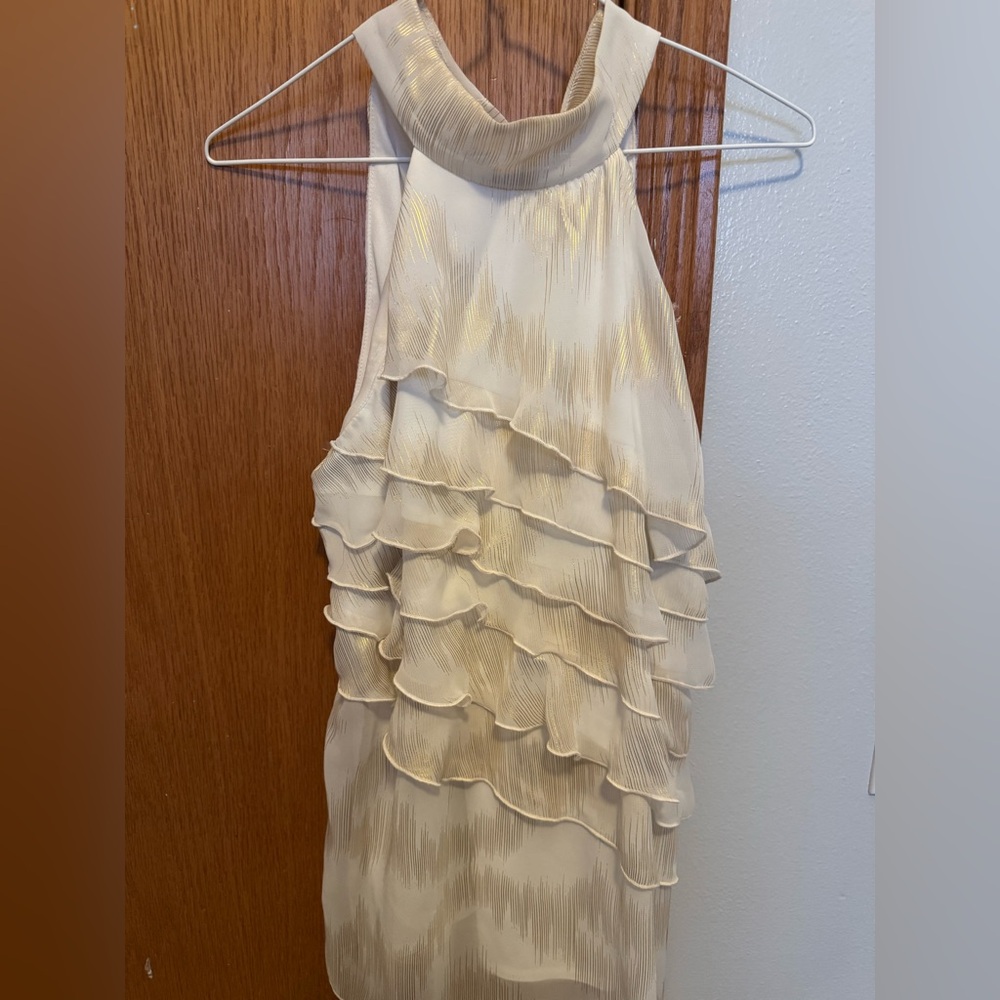 Iz Byer white sleeveless blouse SMALL with gold pattern, ruffle layers